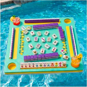 Floating Mahjong Table for Pool,32×32in Pool Float Game Board for Mahjong Poker Dominoes,Hot Tub Float Table with Tile Racks and Cup Holders for Adults,Summer Pool Party Accessories (Teal Lemon), 31.5 x 31.5 x 2.0 inches