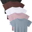 HOPLYNN 5 Pack Womens Loose Fit Crop Top Short Sleeve Crew Neck T Shirts Workout Athletic Running Yoga Gym Casual Tees (Medium, 1 Black 1 White 1 Pink 1 Blue 1 Coffee)