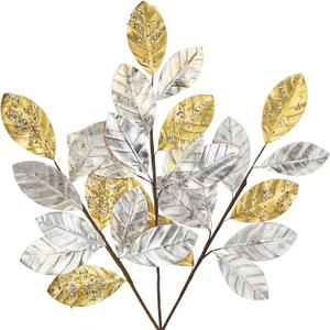 23.6 Christmas Tree Picks and Sprays 3Pcs Silver and Gold Artificial Magnolia Stems Magnolia Leaves Branches Fake Silver Leaf Floral for Vase DIY Xmas Tree Garland Wreath Centerpieces Wedding Decor
