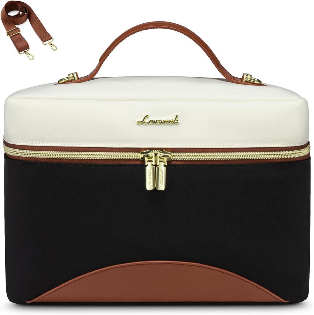 LOVEVOOK Insulated Lunch Bag for Women,Adult Lunch Box for Women,Leakproof Cooler Bag for Office Picnic Hiking Beach,Lunch Tote Bag with Adjustable Shoulder Strap (Medium, Black with Off White with Brown)