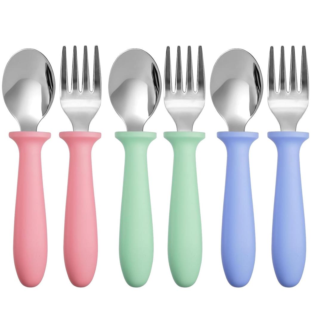 Pimoys 6 Pieces Toddler Utensils Forks and Spoons,Kids Silverware Set with Plastic Handle Stainless Steel Toddler Silverware,Dishwasher Safe (blue/green/pink)