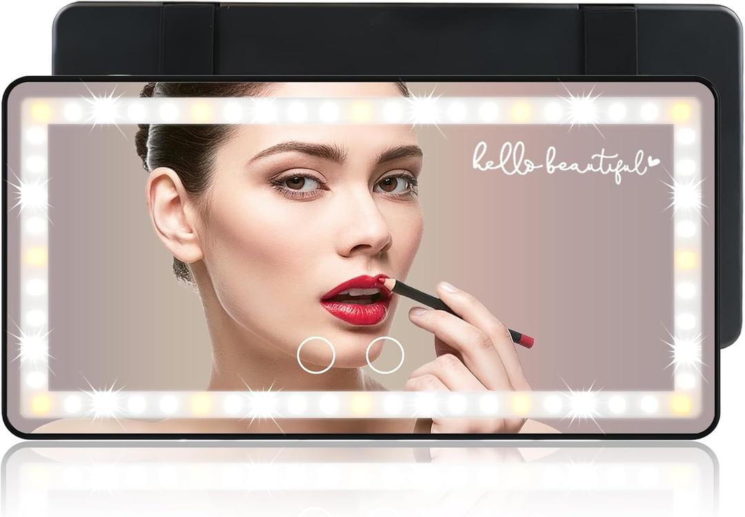 SHENYI Car Sun Visor Makeup Vanity Mirror with Lights Includes 2 Hello Beautiful Decal Car Accessories for Women - 60 LED, Rechargeable, 3 Light Modes, Fits All Automotive