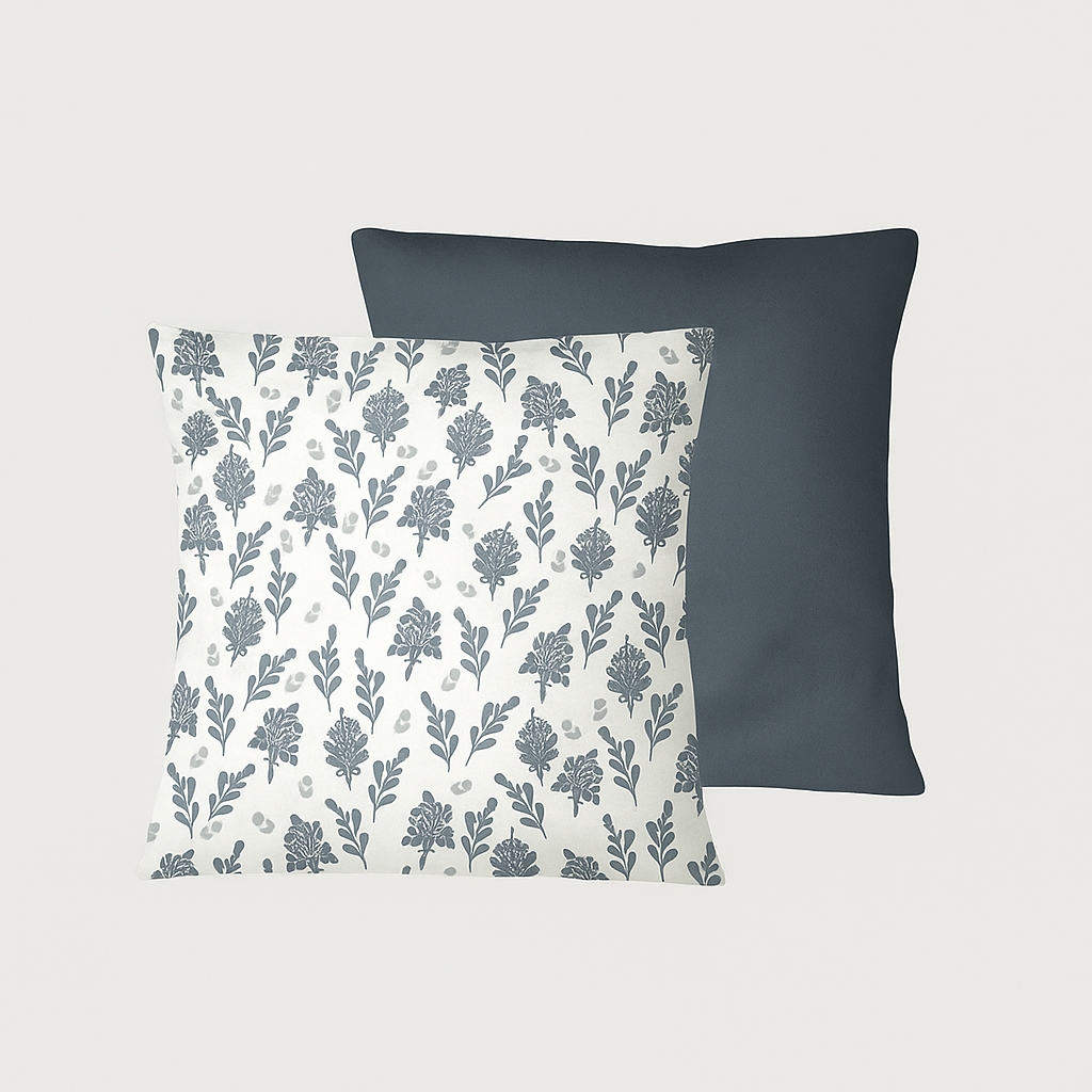 Floral Decorative Throw Pillow 19"x19" – Reversible Cushion with Blue Botanical Print & Solid Navy Back – Soft, Removable Cover – Ideal for Sofa, Bed, or Chair