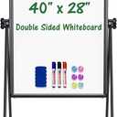 Stand White Board Magnetic 40 x 28 inches Dry Erase Board Double Sided Height Adjustable Flip Chart Easel with Flipchart Hooks for Teaching Presentation Meeting, Black