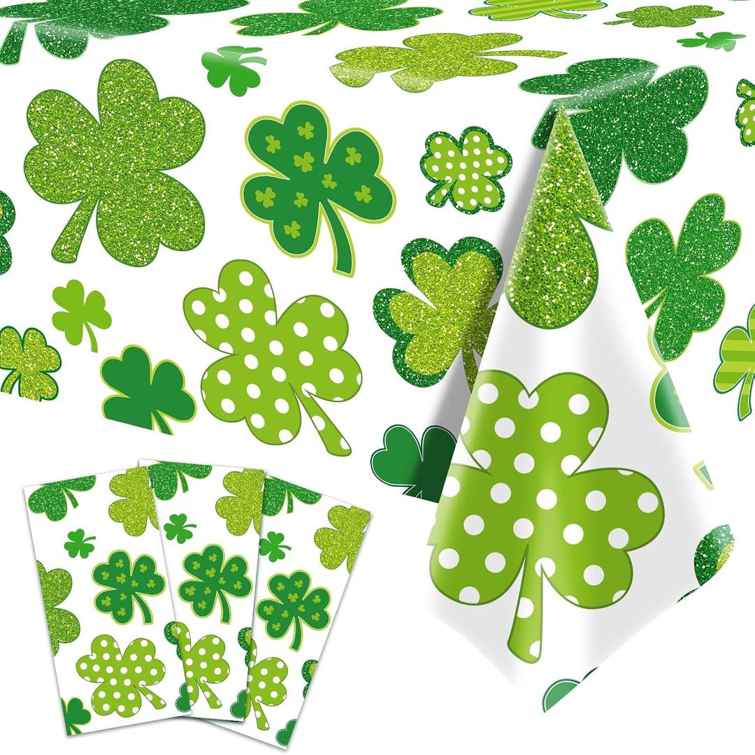 SpinLaLa 3-Piece 54 x 108 Inch St. Patricks Day Plastic Tablecloth  Green Shamrock Disposable Rectangle Table Covers for Irish Party, Lucky Clover Decorations, and St. Paddys Day Celebrations