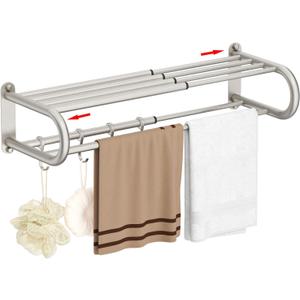 BESy Adjustable 15-25 Inch Towel Rack with Shelf for Bathroom and Lavatory Towel Shelf Double Towel Bar Rod 4 Hooks Wall Mount Multifunction Towel Holder Hotel Style Stainless Steel Brushed Nickel