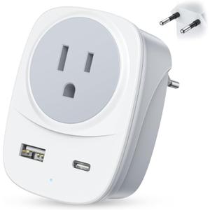European Travel Plug Adapter USB C, FURIDEN Lite International Plug Adapter with 1 AC Outlets and 2 USB Ports, Type C Power Adaptor Charger for US to Most of Europe Iceland Spain Italy France Germany
