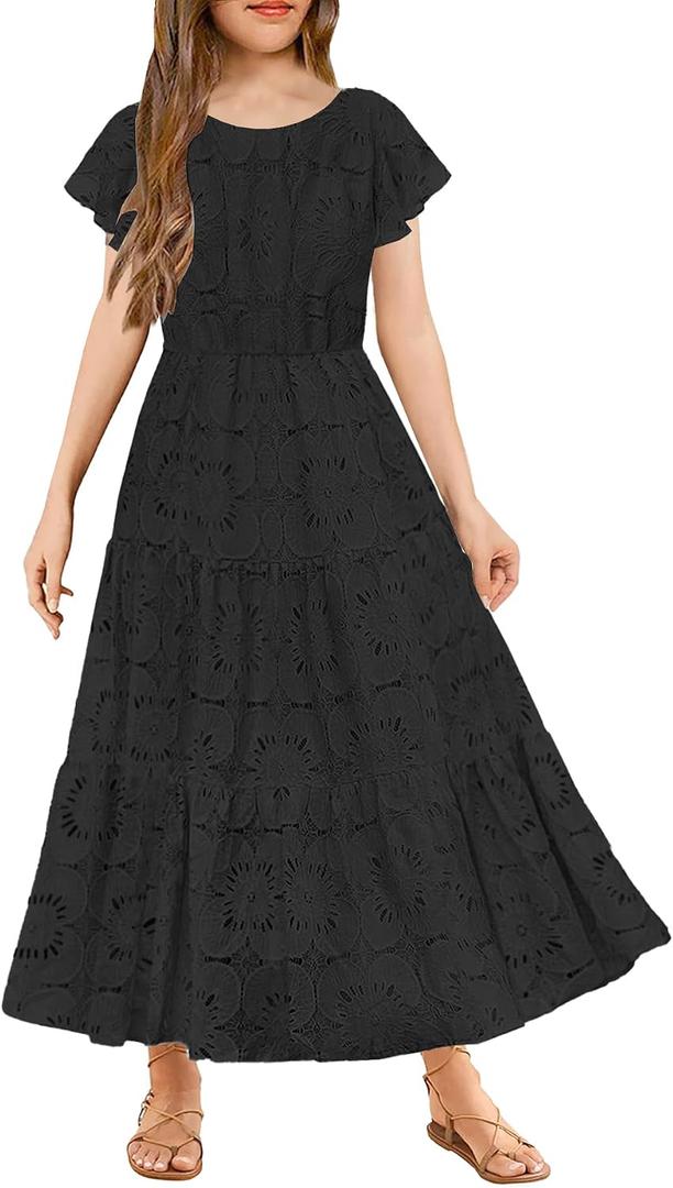 HOSIKA Girls Vintage Floral Lace Flower Ruffle Sleeve A-Line Flowy Maxi Dresses for Wedding Party (Black, S)