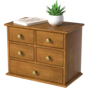 Oak Desk Organizer with Drawers, Durable Wooden Desktop Storage Box with Metal Handles & Non-Slip Silicone Pads, 5 Drawer Tabletop Organizer for Office, Bedroom, Bathroom, Vanity, and Makeup Walnut