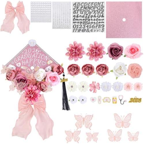 Jollyboom Graduation Cap Decorations 2026, Nursing Graduation Decorations Cap Topper DIY Craft Assorted Flowers Butterfly Stickers Pink Bow Trim Gold 2026 Pendant for Nurse Party Graduation