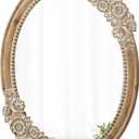 Rustic Oval Mirror 30 x 23 inch, Wall Hanging Handmade Distressed White Wood Frame with Flower and Beaded Detailing Farmhouse Oval Mirrors for Bathroom Entryway, Horizontal or Vertical