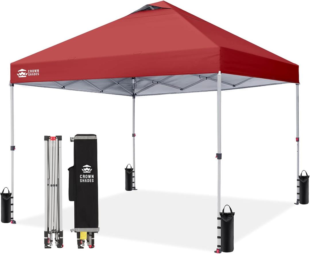 CROWN SHADES 10x10 Pop Up Canopy - Beach Tent with One Push Setup - Easy Outdoor Sun Shade for Events, Parties, Camping - Gazebo with STO-N-Go Cover Bag, Silver Coated Top, Red