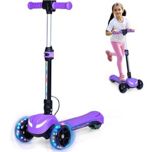 3 Wheel Electric Scooter for Kids, Electric Kick Scooters with Powerful Motor, 21V Battery, Thumb Throttle, 5mph Safe Speed, LCD Screen, Light Up Stem Deck & Wheels (Purple)