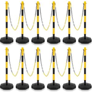 Traffic Delineator Post Cone, Plastic Stanchion Post Set Crowd Control Stands Barrier with 6.6 ft Link Chain and S Hooks for Parking Lot Construction Caution Roads, Yellow, Black (12 Sets)
