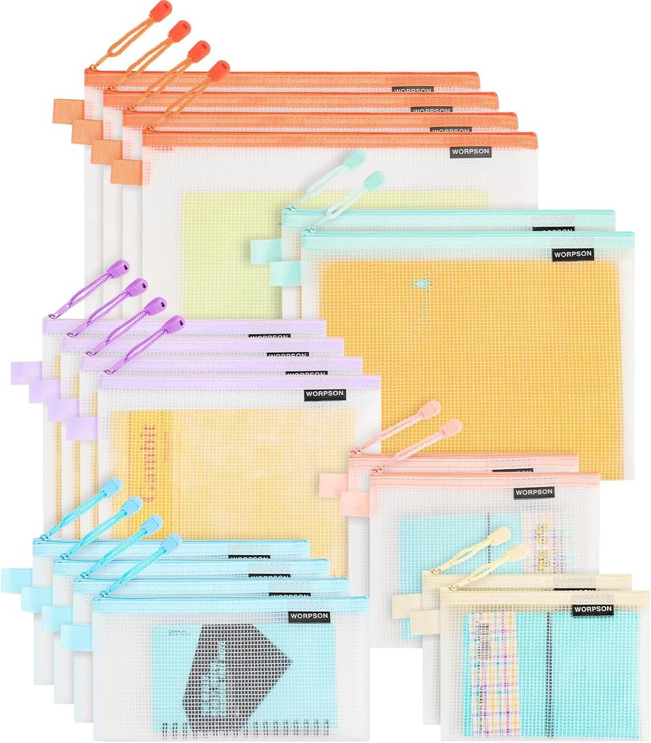 EVA Frosted Mesh Zipper Pouch Bags,18 Pcs 6 Sizes Plastic Bags, 6 Colors Waterproof Pouches, for Travel, School Supplies, Office and Home Organization (18 pcs, Multicolor)