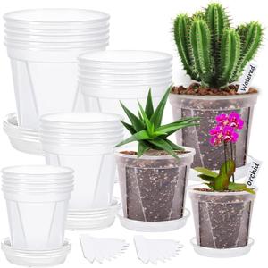 40Pack 4/5/6/7 inch Plastic Clear Nursery Pots with Saucer, 4 Sizes Garden Pots Plant Pots with Drainage Holes for Flower,Herb,Succulent,Plants, 100 pcs Plant Labels,5 Set for Indoor Outdoor