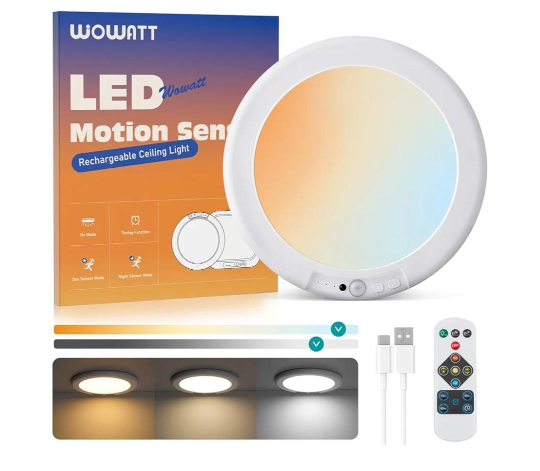 wowatt Battery Operated Ceiling Light Rechargeable Ceiling Lights with Remote Wireless Shower Lighting 3000K 4500K 6500K 7.48in Dimmable Timing Overhead Light for Closet Shower Living Room