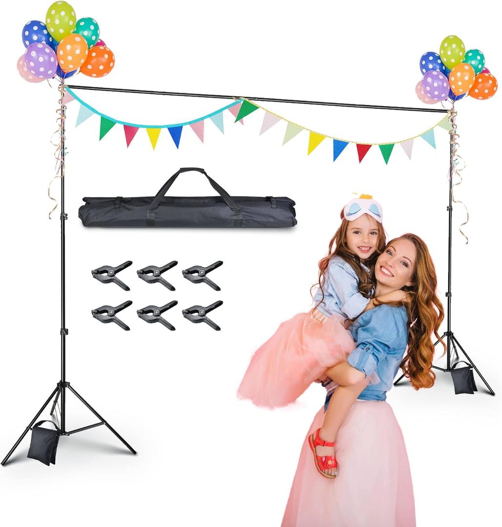AW Backdrop Stand 10 x 7ft/3m x 2.1m Adjustable Parties Background Support System Stand with 6 Clamps 2 Sand Bags for Studio Photo Event Live Youtuber Classroom Stage for Puppets