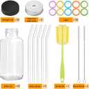 TUZAZO 10 Pack 12 Oz Glass Juice Bottles with Lids, Reusable Travel Drinking Jars Containers, Glass Bottles for Juicing, Smoothies, Kombucha, Milk, Coffee with Brush, Straws, Lids with Hole