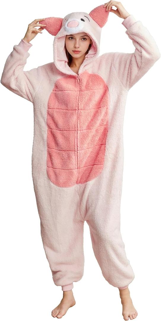 Adult Pig Costume Cute Pig Onesie Pajamas Hooded Zipper Halloween Animal Cosplay Costume for Women Men (Large, Pink)