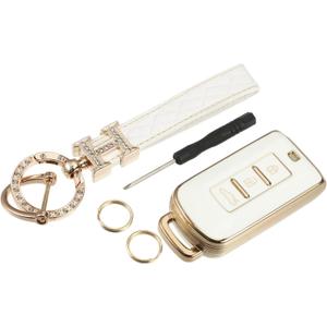 Motoforti Key Fob Cover Kit Compatible for Mitsubishi Outlander, 3 Button Gold Tone Edge Fashion Soft TPU White Remote Keyless Smart Key Fob Case Protection Shell with Keychain Long-Lasting