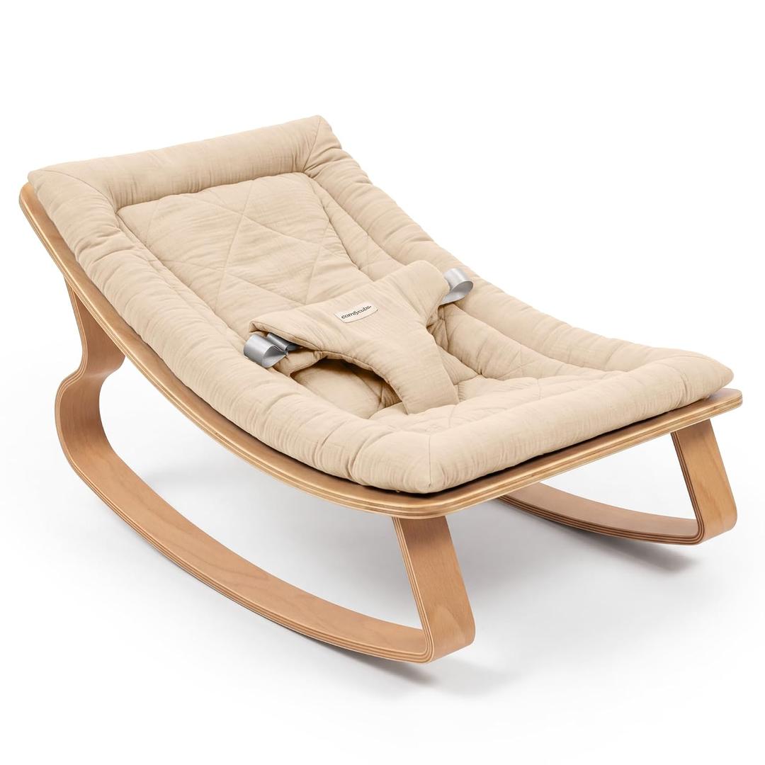 Comfy Cubs Baby Rocker for Ages 0-24 Months - Wooden Baby Recliner with Soft Removable Quilted Muslin Cotton Cushion - Designed in the US Infant Rocking Chair Supports up to 30 lbs - Sand