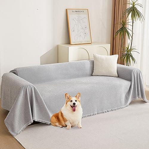 MYSKY HOME Sofa Cover for Dogs Washable for Loveseat, Boho Couch Cover Cover for Sofa, Couch Cover Blanket Soft Thick Durable Tassel Sofa Slipcovers Furniture Protector, 71"x 118", Light Grey