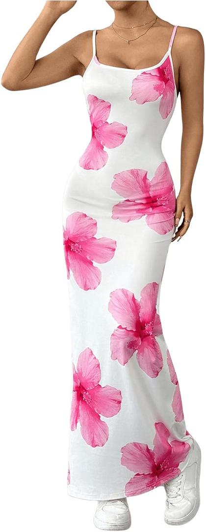 Milumia Women's Summer Floral Long Cami Dress Spaghetti Strap Sleeveless Beach Bodycon Maxi Dress (Medium, Pink)