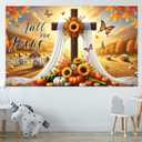 Fall Thanksgiving Backdrop Banner Fall for Jesus Theme Outdoor Decorations 71x43 Inchs Sunflower Pumpkins Backdrop Cross He Never Leaves Banner Party Supplies Yard Decor