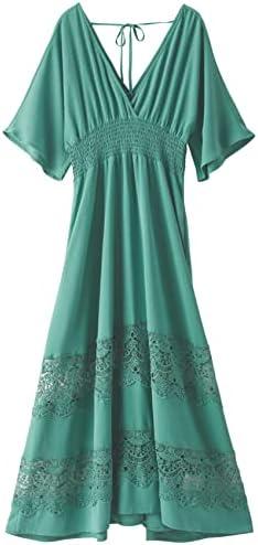 Olaesa Women's Lace Maxi Dress Short Sleeve V Neck Party Dress Smocked Waist Boho Maxi Dress Bohemian Dress for Women XL
