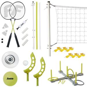 Franklin Sports Fun 5 Combo Outdoor Game Set - Backyard, Beach + Camping Games for Kids - Badminton, Volleyball, Flip Toss, Flying Disc - Horseshoes or Ring Toss, One Size