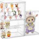 Attelite Acrylic Display Case Compatible with POP MART Labubu Display Case, 4 Tier Figure Clear Cases for Collectibles with 3 Adjustable Divider, 3 Pack Large Storage Box with Magnetic Door
