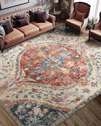 CAPALOCA 8x10 Area Rugs for Living Room Machine Washable Vintage Boho Rugs Bedroom Carpet Rugs Non Slip Low Pile Water Repellent Soft Distressed Indoor Decor polyester Area Rug, Orange/Red/Blue