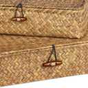 Set of 2 Flat Seagrass Storage Bins with Lid Wicker Storage Baskets for Organizing, Woven Shelf Organizer Bins Home Utility Organizer Box for Home & Office Supplies (Caramel)