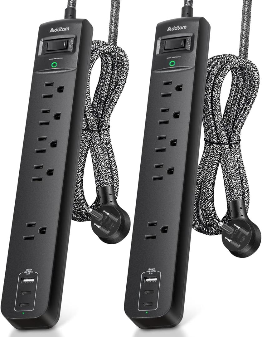 2 Pack Power Strip Surge Protector - 5 Widely Spaced Outlets 3 USB Charging Ports, 1875W/15A with 6Ft Braided Extension Cord, Flat Plug, Overload Surge Protection, Wall Mount for Home Office (6 FT)