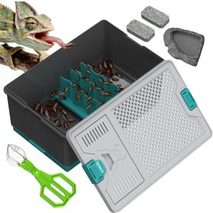 Self-Cleaning Reptile Feeder Insect Habitat with Escape-Proof Lid, Removable Climbing Frame, Water Sponge & Bug Spoon Cricket/Roach Enclosure, Easy-Clean, Ventilated for Lizards, Frogs & Pets