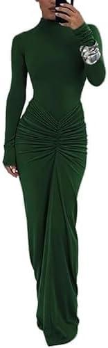 Womens Sexy Maxi Dress Long Sleeve Ruched Bodycon Turtleneck Club Party Casual Wedding Dresses (Large, Green)