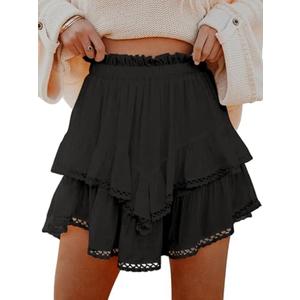 Aoudery Flowy Shorts for Women Casual Boho Ruffle Tiered Skorts High Waist Mini Skirts Golf Tennis Crochet Shorts, XL Black