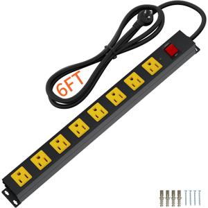 8 Outlet Metal Heavy Duty Long Power Strip, 2100J Surge Protector with 6 FT Extension Cord, Wide Spaced and Wall Mount Powerstrip for Home, Industrial, Workshop & Garage (6FT)