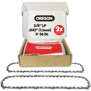 Oregon 2-Pack Chainsaw Chain 3/8" LP Pitch, .043" (1.1 mm) Gauge for 16" (40cm) Bar, 56 Drive Links  Low-kickback Replacement Saw Chain, Fits Greenworks, Makita, EGO, DeWalt, Craftsman and more