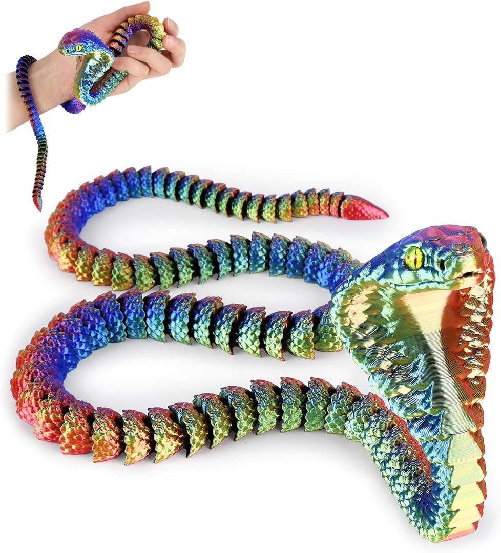 3D Printed Snake,23 Inch 3D Printed Animals,3D Printed Fidget Toys,Home Office Decor Executive Desk Crystal Cobra Toys Red Yellow Blue