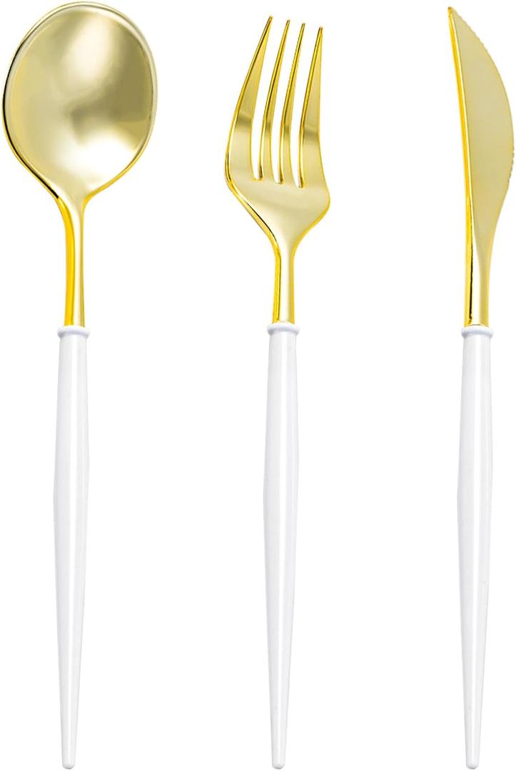 N9R 150Pcs Gold Plastic Silverware-Gold Disposable Utensils with White Handle-Disposable Silverware Heavy Duty with 50 Spoons, 50 Forks, 50 Knives for PartyBirthday and Everyday Use