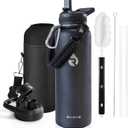 Insulated Water Bottle 40 oz, Triple Wall Vacuum Stainless Steel (Cold for 48 Hrs), Leak Proof & Non-BPA, Modern Water Flask Jug with Paracord Handle & Straw Spout Lids, Magic Black