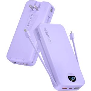 Portable Charger Power Bank, 20000mAh 22.5W USB C Fast Charging with Built-in Cables & Wall Plug, External Battery Pack with LED Display, Travel Essentials for iPhone, iPad, Samsung Purple