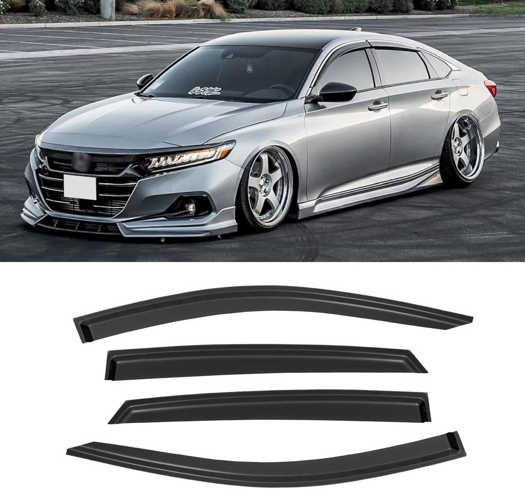 Rain Guards for 2018-2023 Honda Accord Sedan, Out-Channel Window Visor Shields Vent Deflector Shade Wind Dark Smoke 2019 2020 2021 2022 18 19 20 21 22 23, Tape-On Outside-Mount, 4PCS
