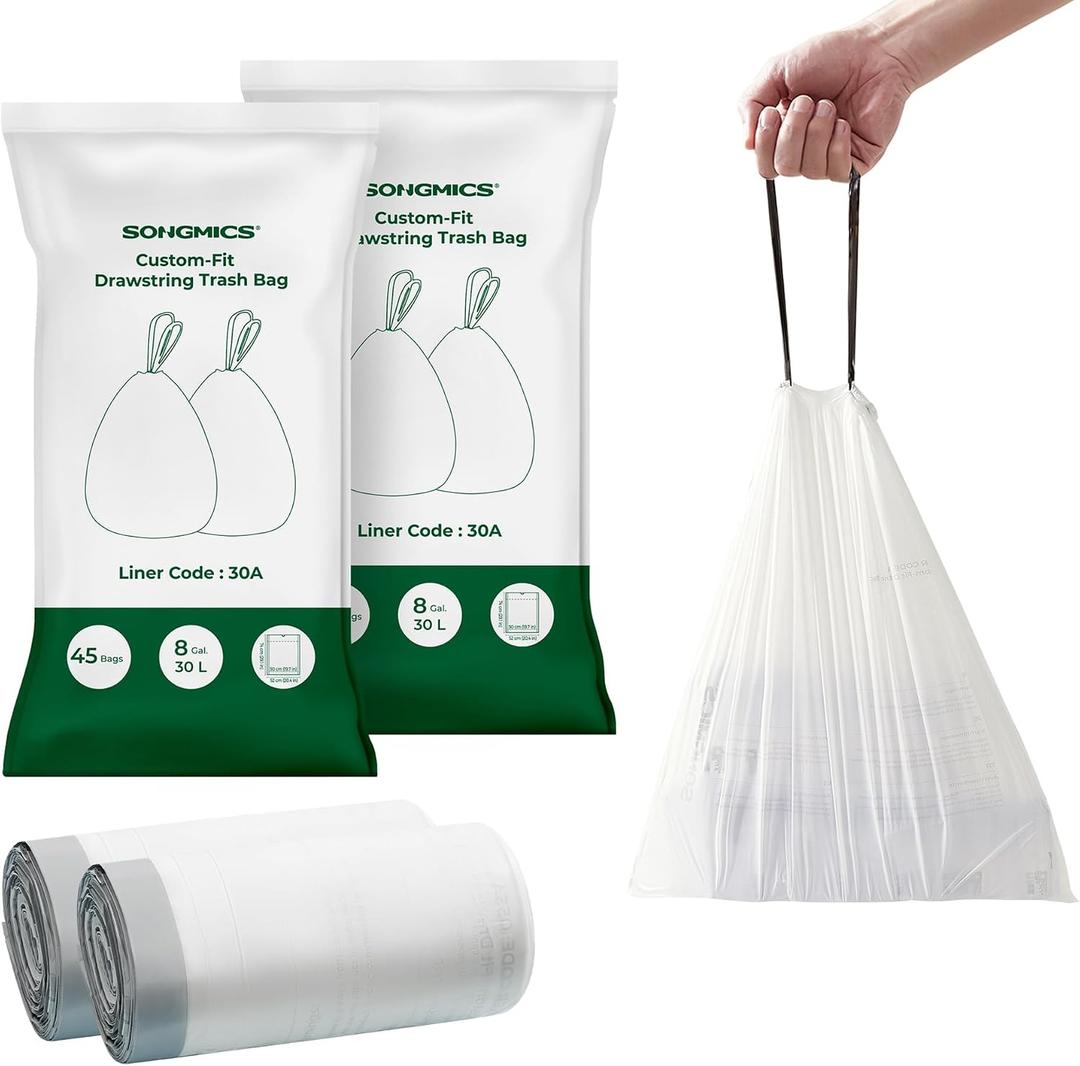 SONGMICS Trash Bags, Drawstring Kitchen Garbage Bags, Pre-Separated, Box-Free Pack, for 8-Gallon (30 L) Trash Cans, Liner Code 30A, 2 Rolls, 90 Count, White UKRB30A02