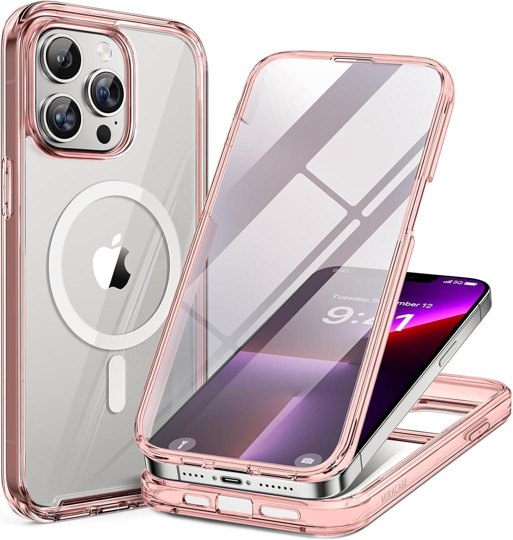 Miracase Magnetic for iPhone 13 Pro Max Case 6.7 inch, (Compatible with MagSafe) Upgrade Full-Body Clear Phone Bumper Case with Built-in 9H Tempered Glass Screen Protector, Magnetic Clear Pink