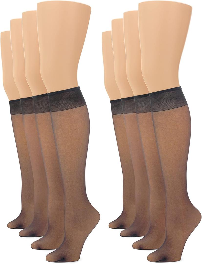 No nonsense Women's Sheer Knee High Value Pack with Comfort Top (Off Black - 8 Pair Pack)