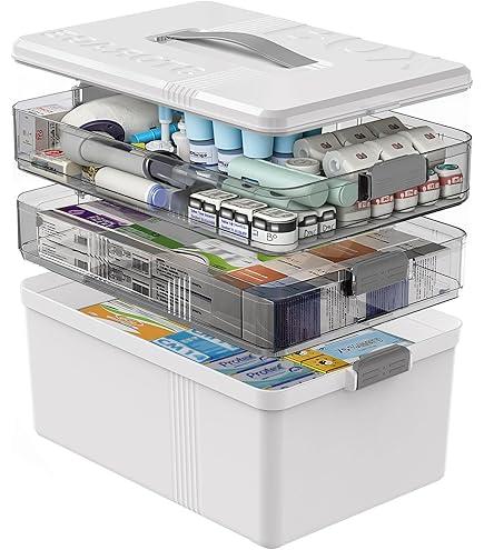 Gifhomfix 3 Tier Medicine Cabinet Organizer Large Capacity Medicine Organizer, Portable Medicine Box with Handle, Multipurpose Medical Box with Removable Tray, First Aid Boxes Empty, White