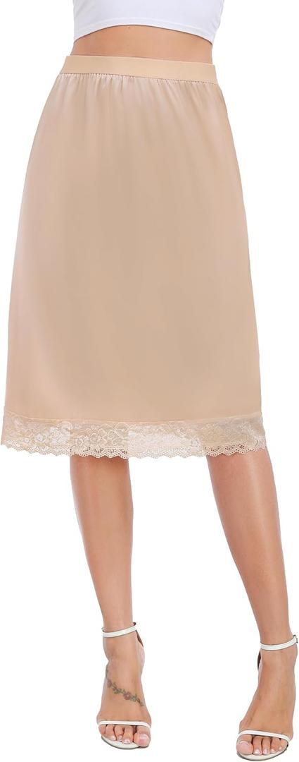 Lovasy Women Satin Half Slips Lace Long Underskirt Anti Static Under Skirt Soft Slip Dress for Skirts Dresses S-3XL (Nude)